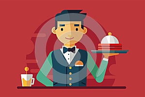 A man in a tuxedo holding a tray of food, Waiters Customizable Semi Flat Illustration photo