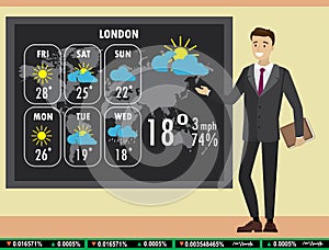 Man on TV tells a weather forecast,