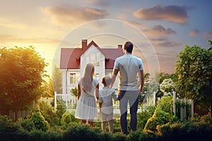 A man and two children pose together, smiling, in front of a charming house, Young family looking at their new home standing, AI