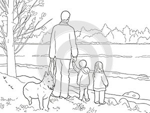 A Man And Two Children Walking By A Lake - a drawing of Japanese familly on holida