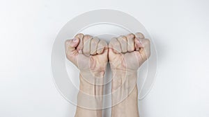 Man two fists on white background. Close up