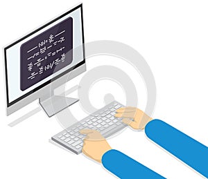 Man types on keyboard and displays text on monitor. Software developer code sample, programming