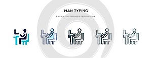 Man typing icon in different style vector illustration. two colored and black man typing vector icons designed in filled, outline