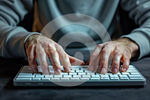 A man is typing on a keyboard with his hands