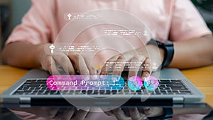 Man typing on laptop with AI chatbot interface and command prompt technology concept