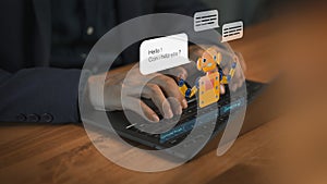 Man typing on laptop computer with AI assistant chatbot and data interface