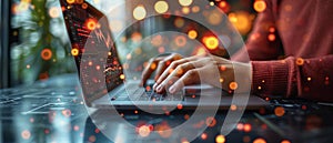 A man is typing on a laptop computer with a screen displaying a map of the world by AI generated image