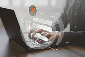 Man typing login and password, cyber security concept.