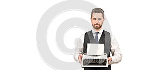 man typing on vintage typewriter. businessman with retro typewriter. typist author isolated on white