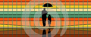 A man with an umbrella and a little girl walk in the rain over a colorful striped background