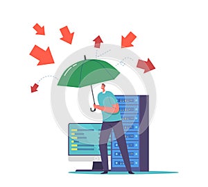 Man with Umbrella Protect Computer from Virus or Hacker Attack. Hacker Attack And Safety Digital Technology Concept