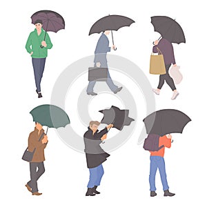 Man with umbrellas in rain in different autumn casual clothes of urban style. Vector flat set of isolated characters on