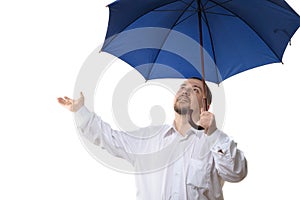 Man under blue umbrella