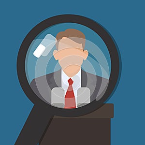 Man under a magnifying glass. Find information about famous world persona. Vector