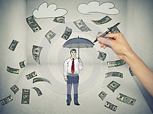 Man under a money rain on gray background
