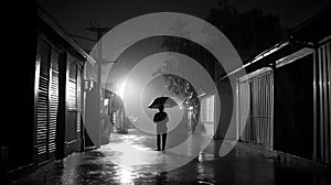 man under the rain with an umbrella in a dark street - generative AI