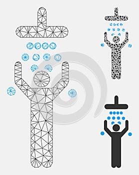 Man Under Shower Vector Mesh Carcass Model and Triangle Mosaic Icon
