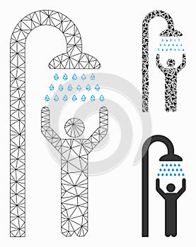 Man Under Shower Vector Mesh Network Model and Triangle Mosaic Icon