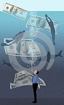 A man under water and drowning in debt is surrounded by sharks, debt collectors and his money floating away photo