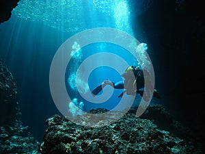 Man Underwater Photographer Scuba Diving Cave photo