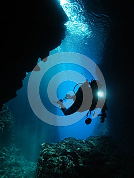 Man Underwater Photographer Scuba Diving Cave