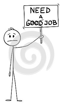 Man, Unemployed Worker or Businessman Holding Need a Job Sign.Vector Cartoon Stick Figure Illustration