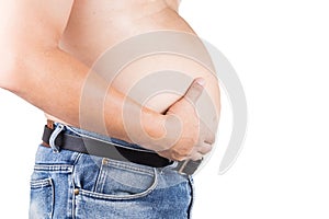 Man with unhealthy big belly isolated in white