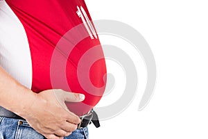 Man with unhealthy big belly isolated in white