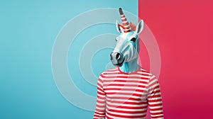 man in a unicorn mask and a red-striped t-shirt against a vibrant blue background.