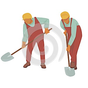 man in uniform digs from two foreshortening: front and side. builder in a yellow cap. farmer in overalls. vector flat.