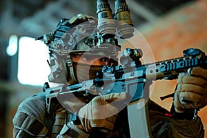 Man in uniform with machine gun and night-vision device, move in broken building. Closeup airsoft soldier aims at the sight in