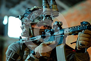 Man in uniform with machine gun and night-vision device, move in broken building. Closeup airsoft soldier aims at the sight in photo