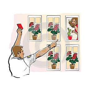 Man in a uniform shirt shows a red card to a girl in a window. Incorrect flowers. Point out a violation