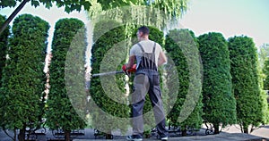 Man in uniform trimming green thujas with electric machine