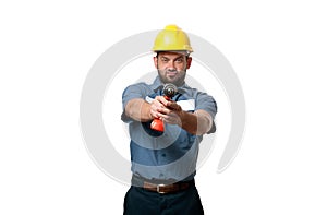 Man in uniform and yellow helmet with drill