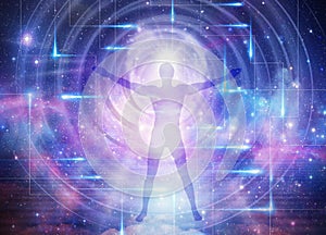 Man universe, meditation, healing, human body energy beams