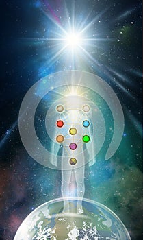 Man universe, meditation, healing, human body energy, Kabbalah tree of life photo