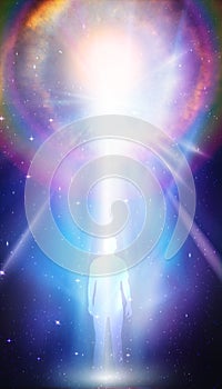 Man universe, meditation, healing, human body light energy beams, rainbow