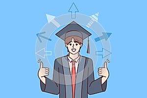 Man, university graduate received good education, shows fingers up, standing among arrows