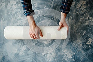 Man unraveling a rolled white wallpaper, illustrating home renovation and interior design in process