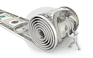 Man unreel a roll of dollars