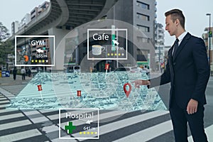 Man use augmented mixed reality technology concept, its generate maps in virtual world with artificial intelligence , deep, machin