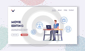 Man Use Computer Software Application for Movie Montage Landing Page Template. Professional Videographer Editing Video