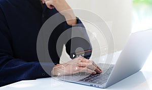 Man use computer for streaming online on virtual screen, watching video on the internet, live content, show or tutorial, content