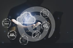 Man use mobile with cloud computing diagram show on hand. Cloud technology. Data storage. Networking and internet service concept