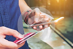 Man use smart phone and holding credit card with shopping online