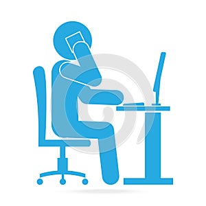 Man use smartphone and work with computer blue icon