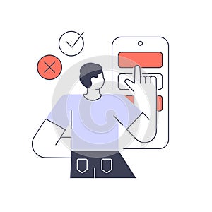 Man user choosing reject accept smartphone application interface clicking button vector flat