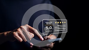 Man or User give rating to service excellent experience on a phone application. Client evaluate quality of service reputation