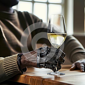 man uses fully bionic arm and hand to life a glass of white wine African American